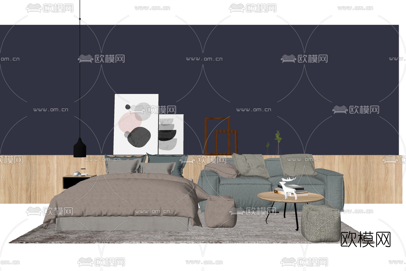 北欧布艺双人床su模型下载