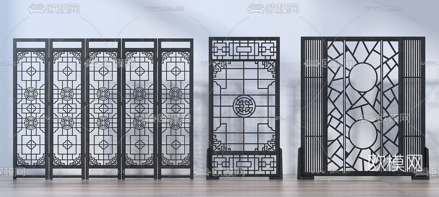 中式折叠屏风隔断3d模型
