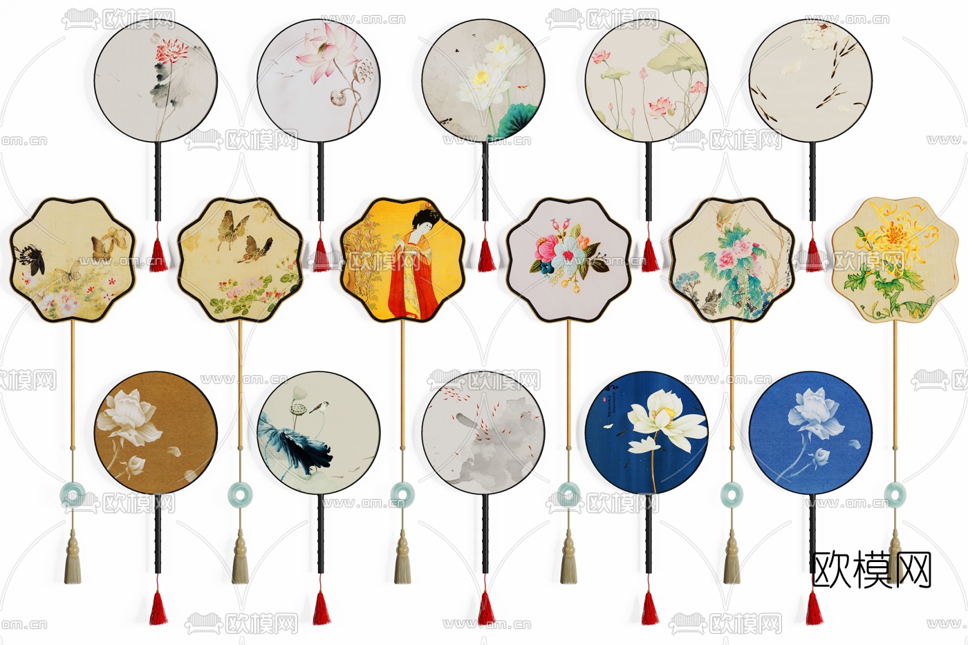 新中式莲花长柄古风扇3d模型下载