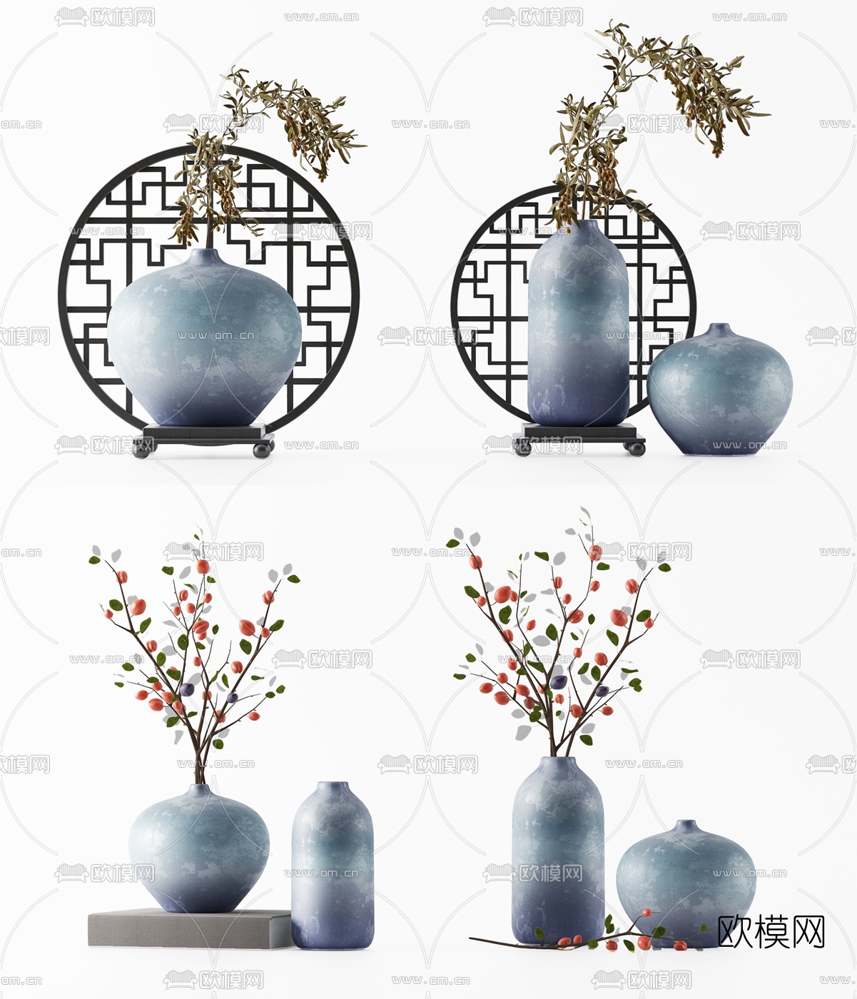 新中式陶瓷花瓶花卉3d模型