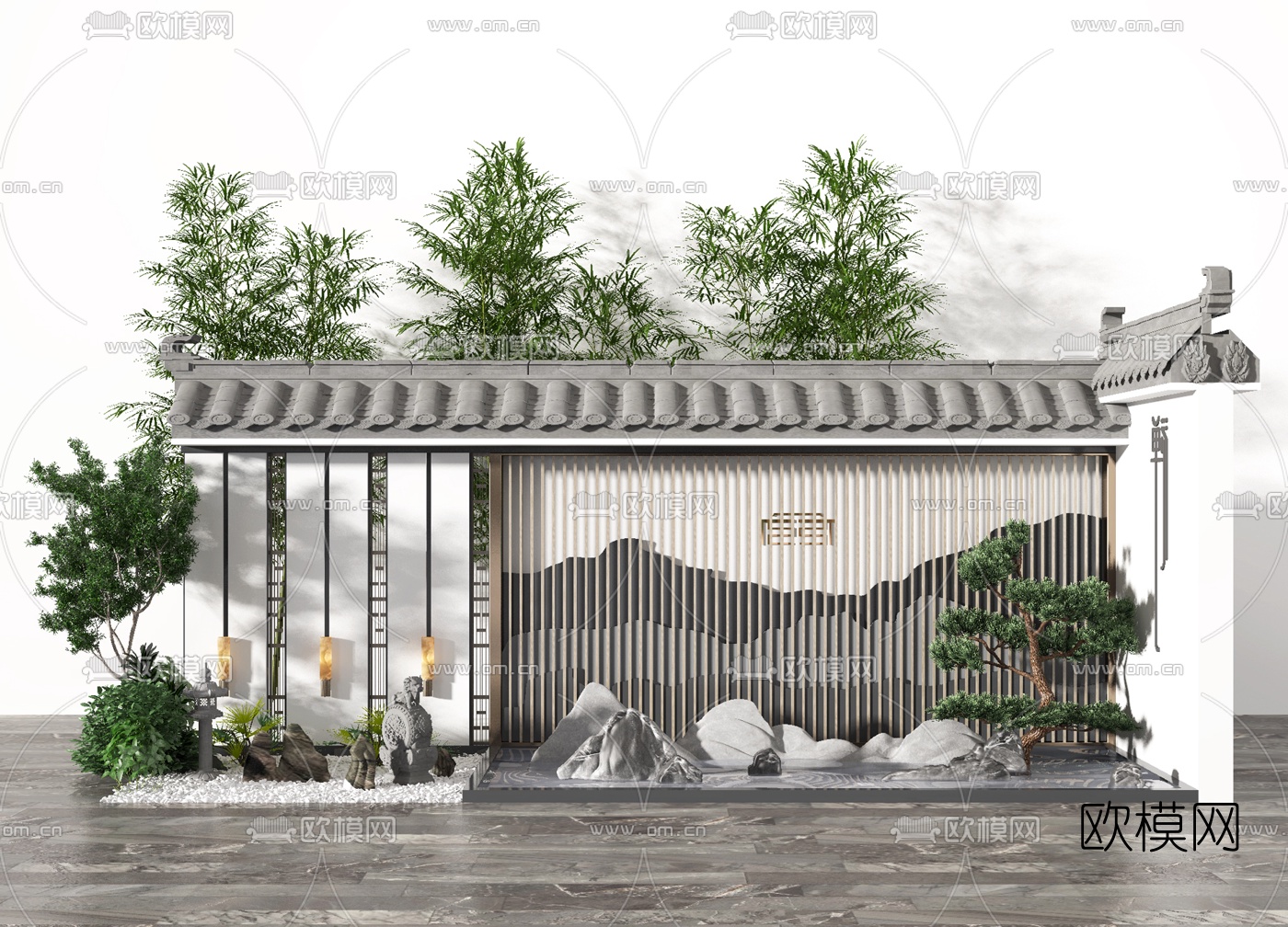 新中式围墙假山园艺小品3d模型下载