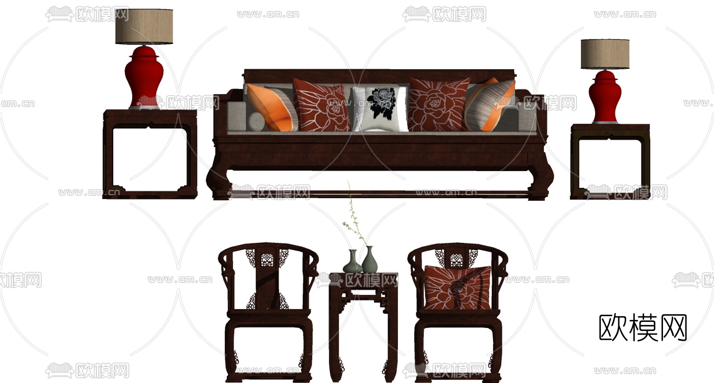 中式实木多人沙发su模型下载