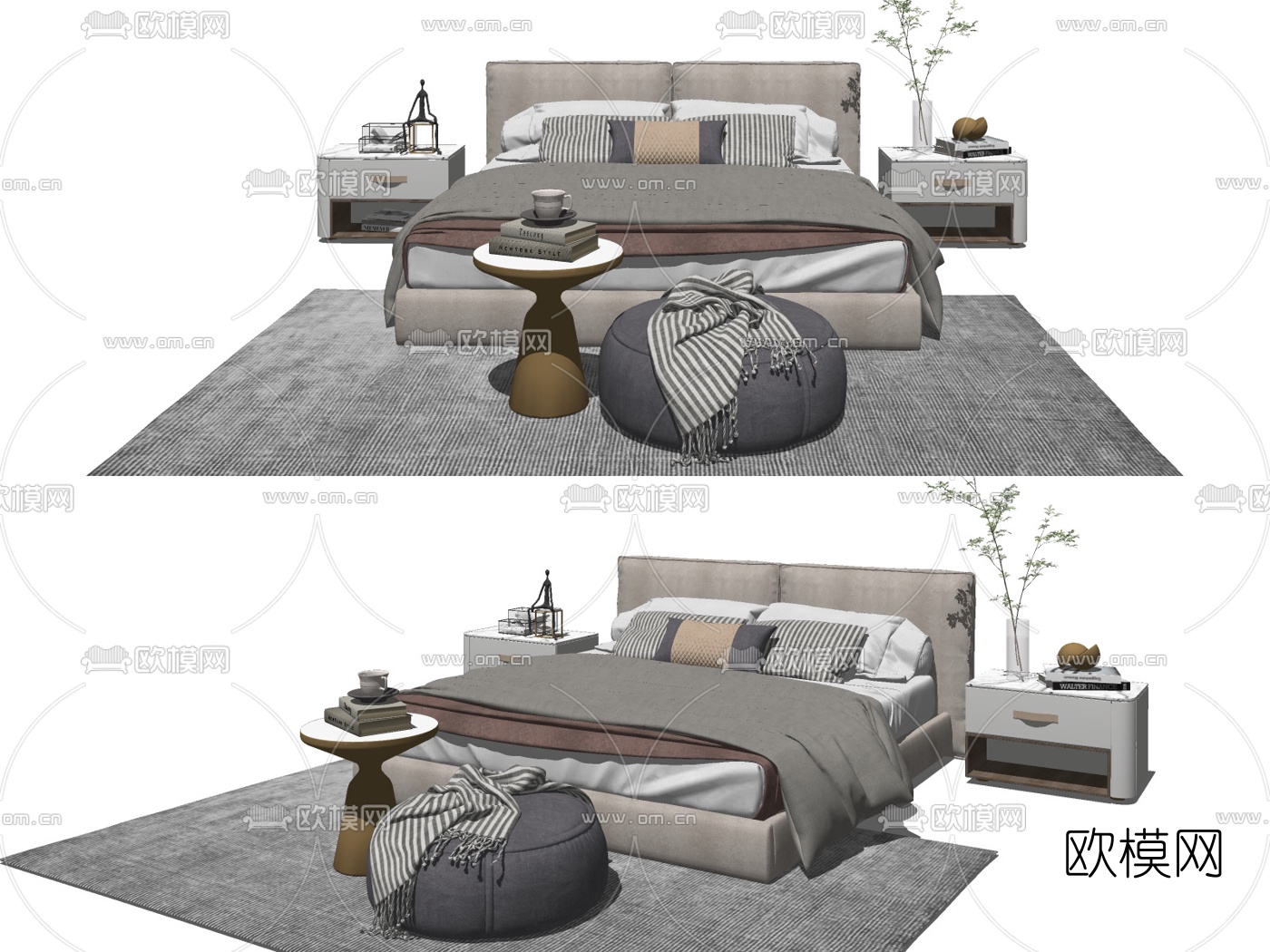 现代布艺双人床su模型下载（渲染图2）