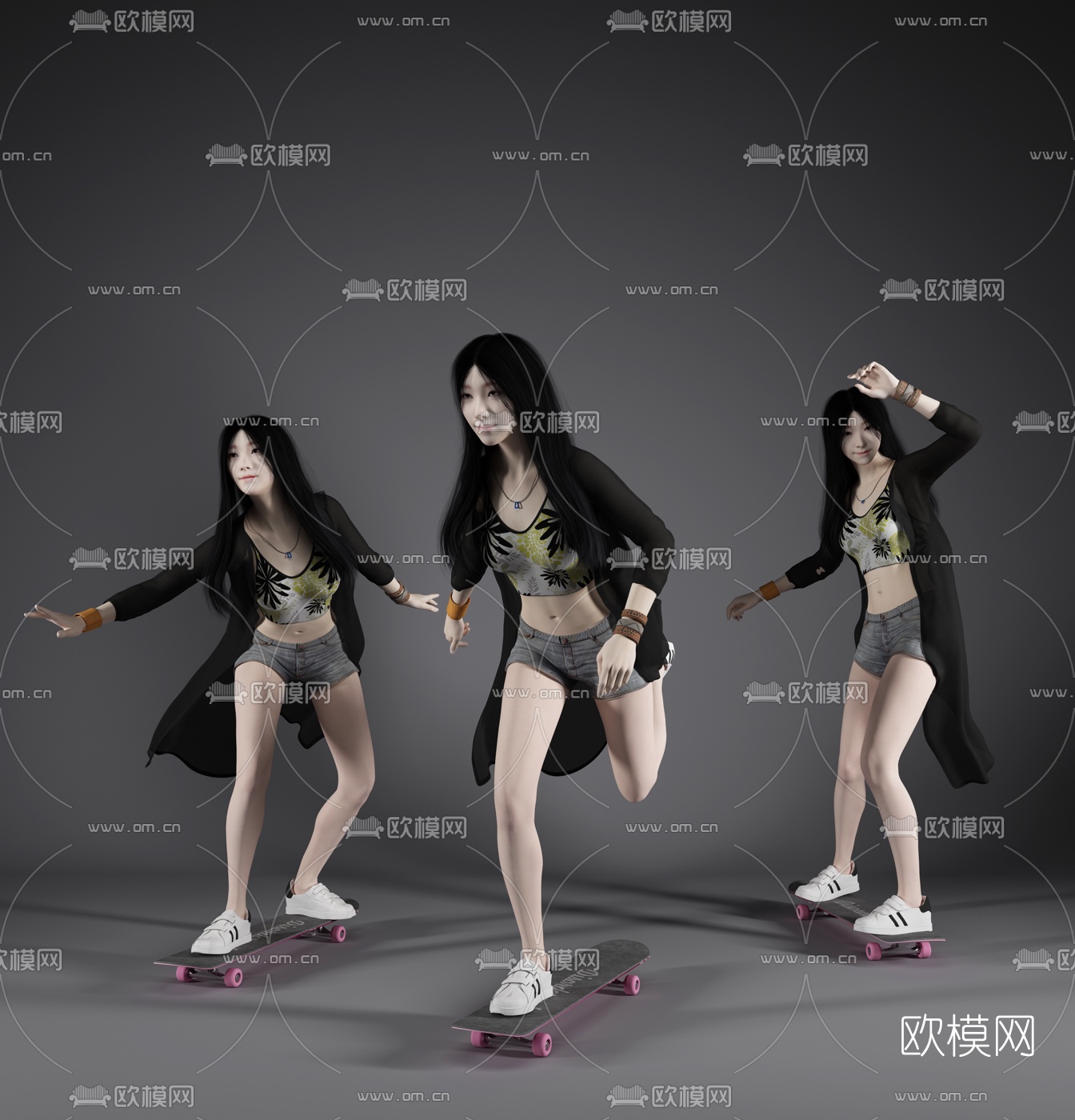 现代滑板美女人物3d模型下载