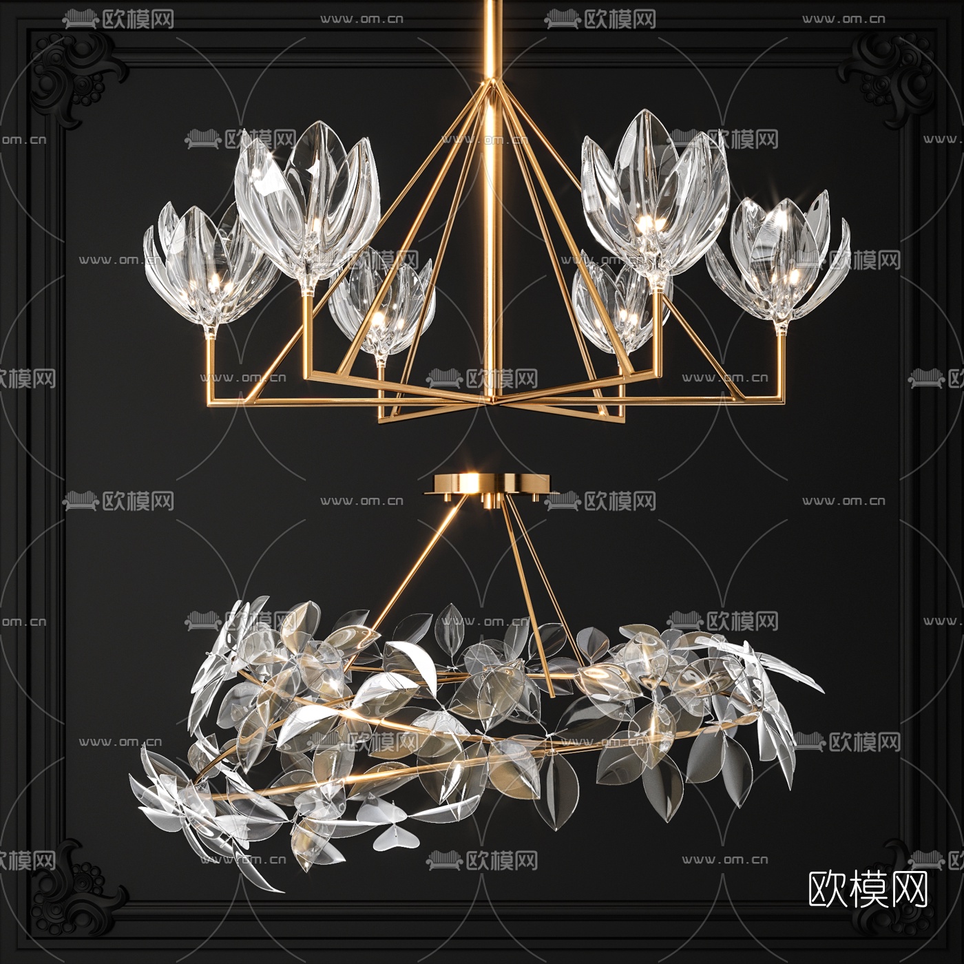 现代金属水晶吊灯3d模型下载（渲染图1）