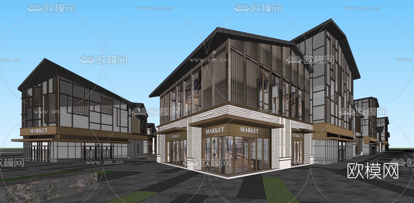现代商业街su模型下载（渲染图2）