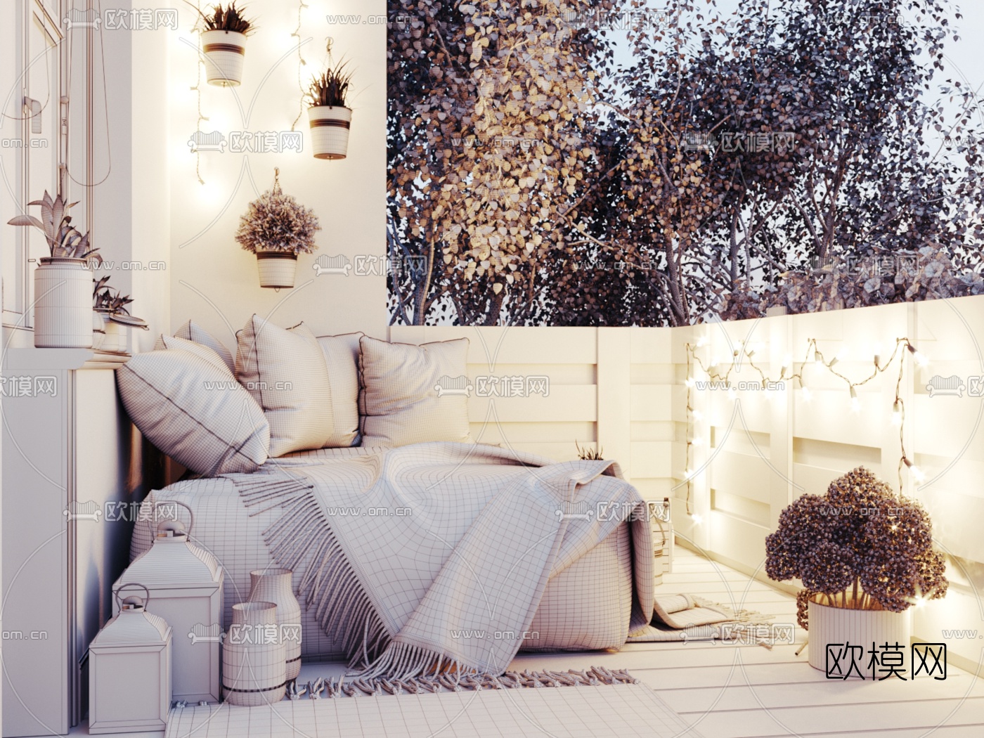 美式花园阳台3d模型下载（渲染图2）