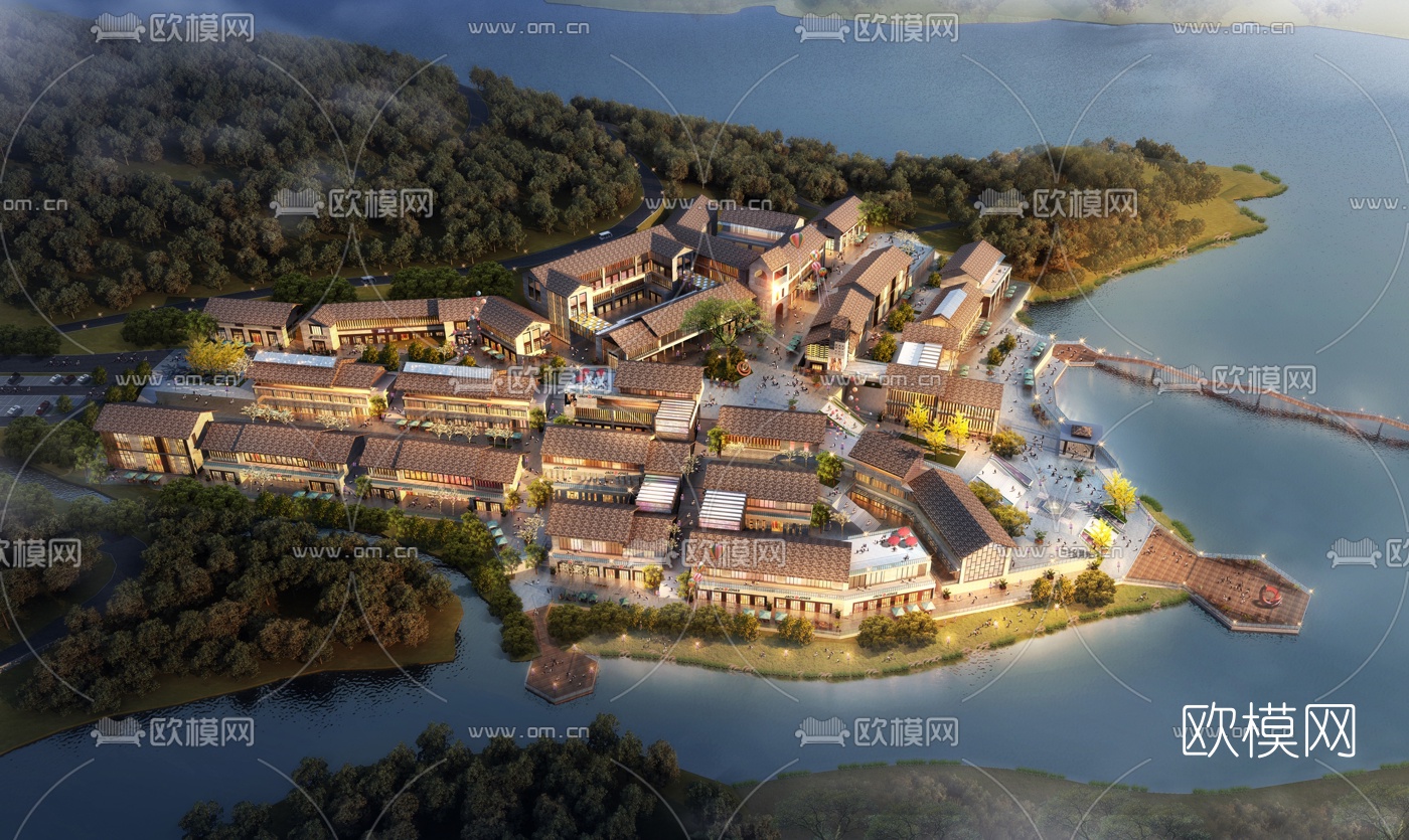 新中式度假村鸟瞰3d模型下载
