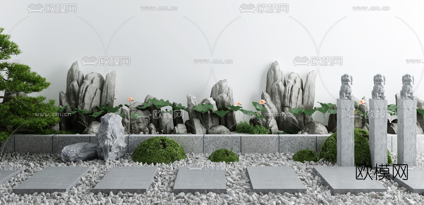 新中式假山荷花池水景3d模型下载