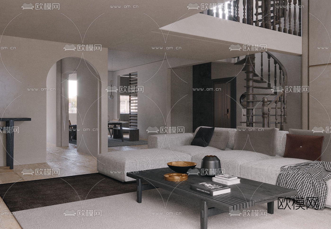 现代侘寂别墅客厅餐厅3d模型