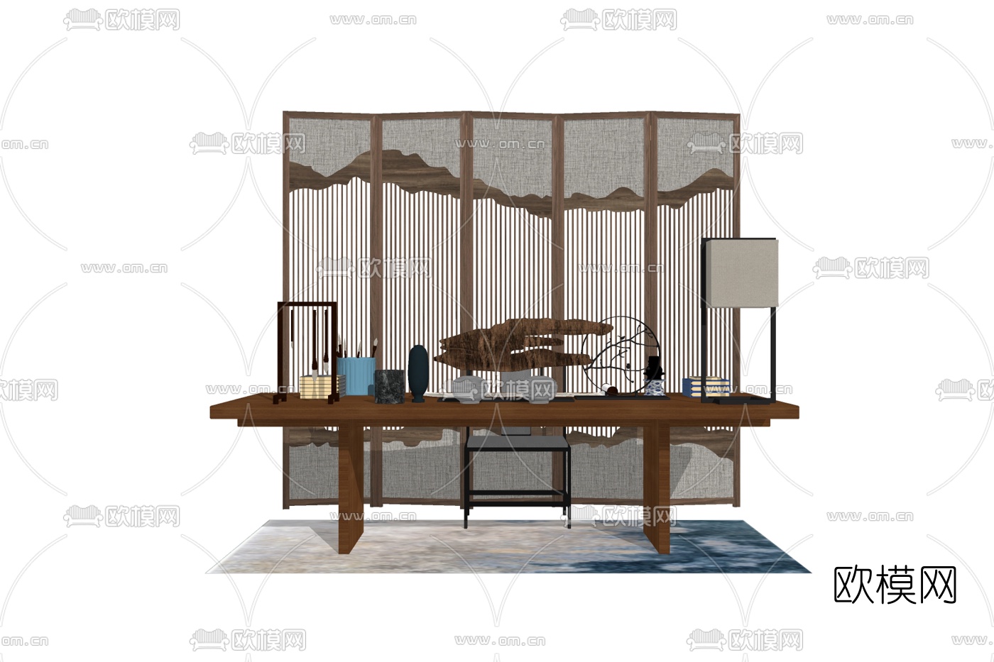 新中式书桌椅su模型下载