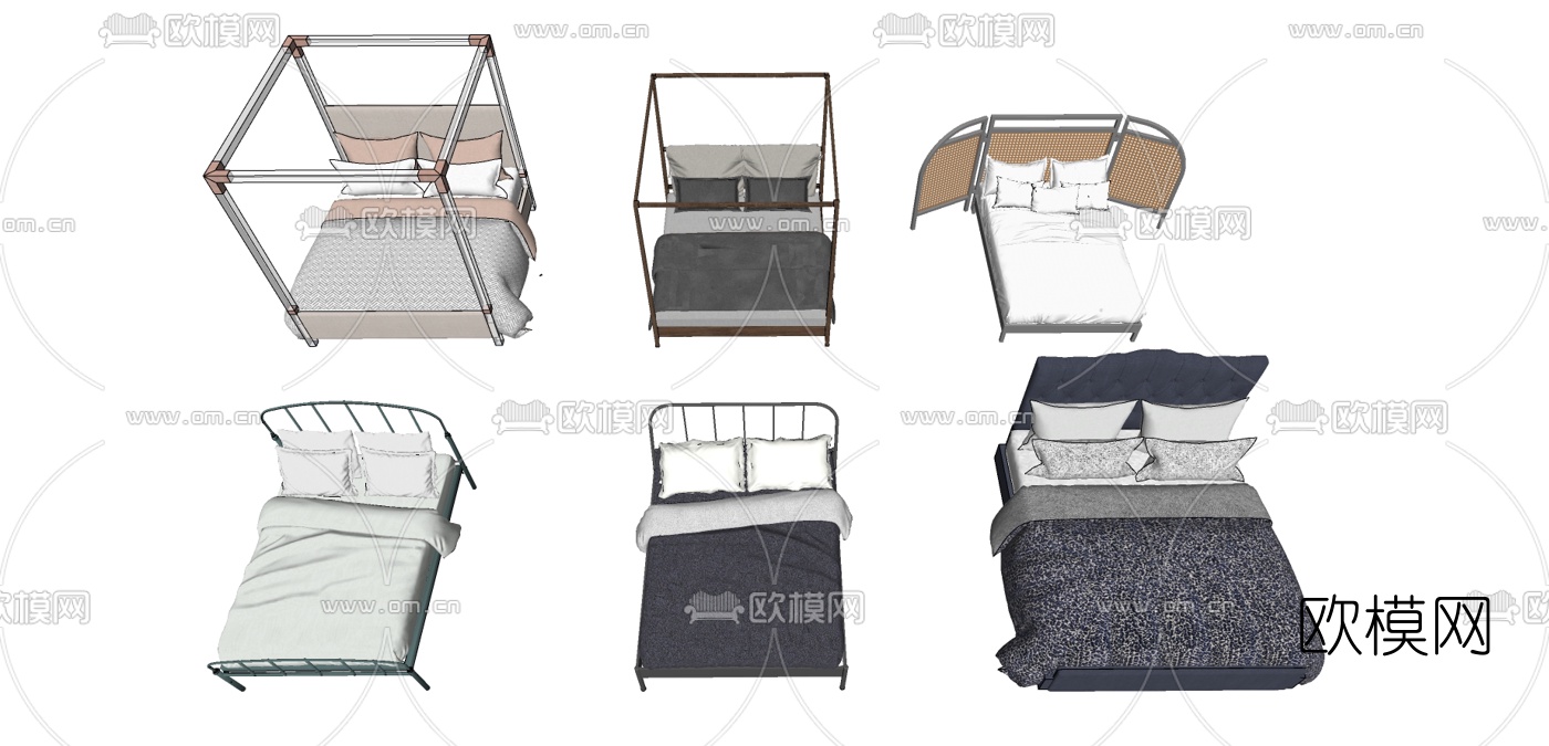 工业风布艺双人床su模型下载（渲染图1）