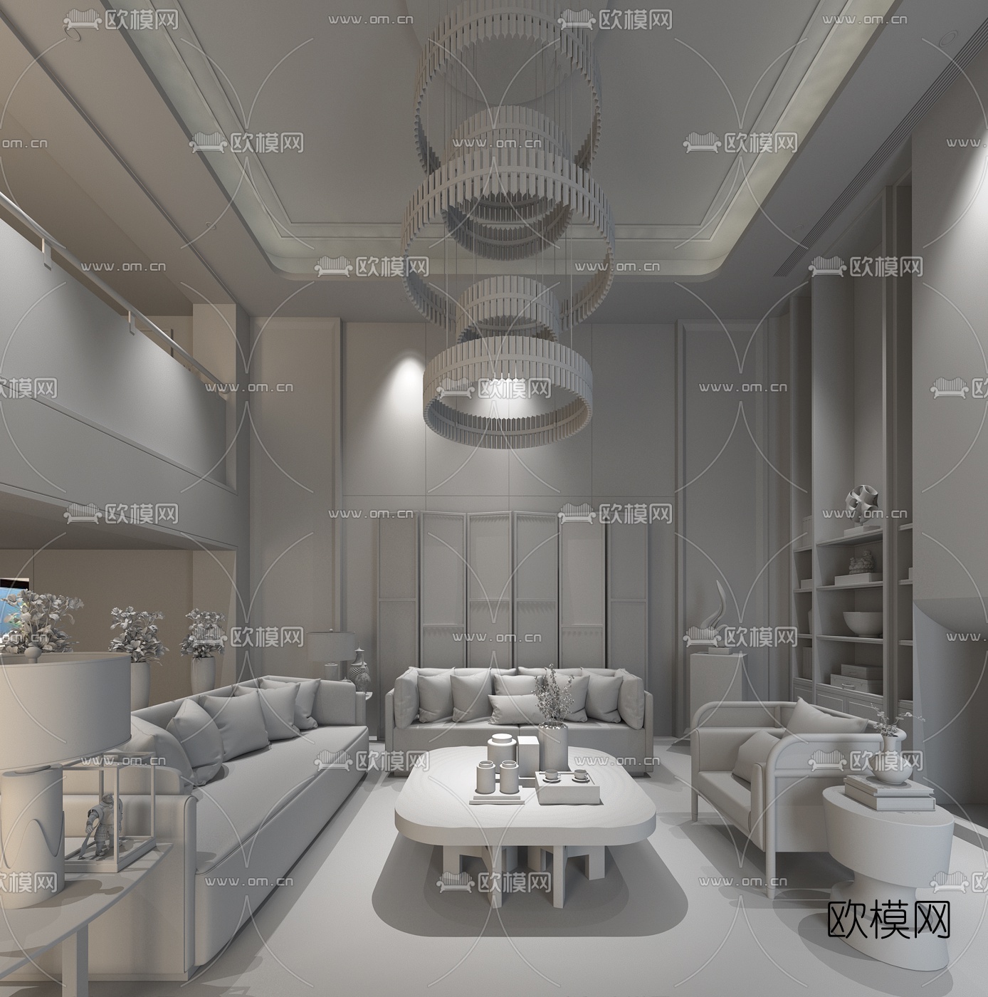 金螳螂设计 新中式别墅客厅3d模型下载（渲染图2）