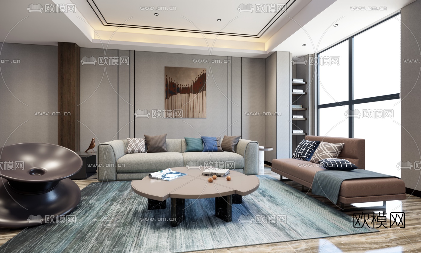 现代布艺沙发组合su模型下载（渲染图1）