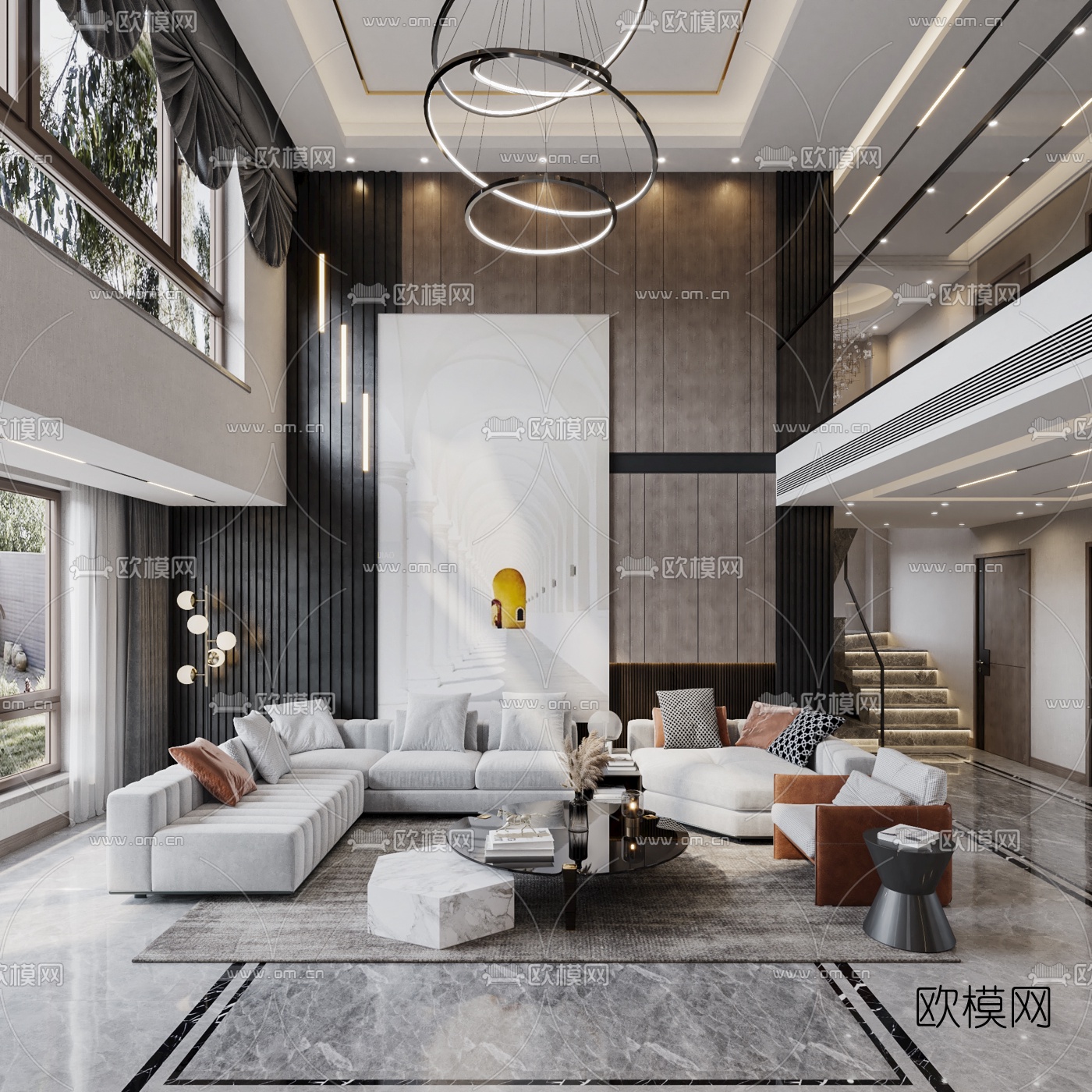 现代轻奢别墅大堂餐厅3d模型