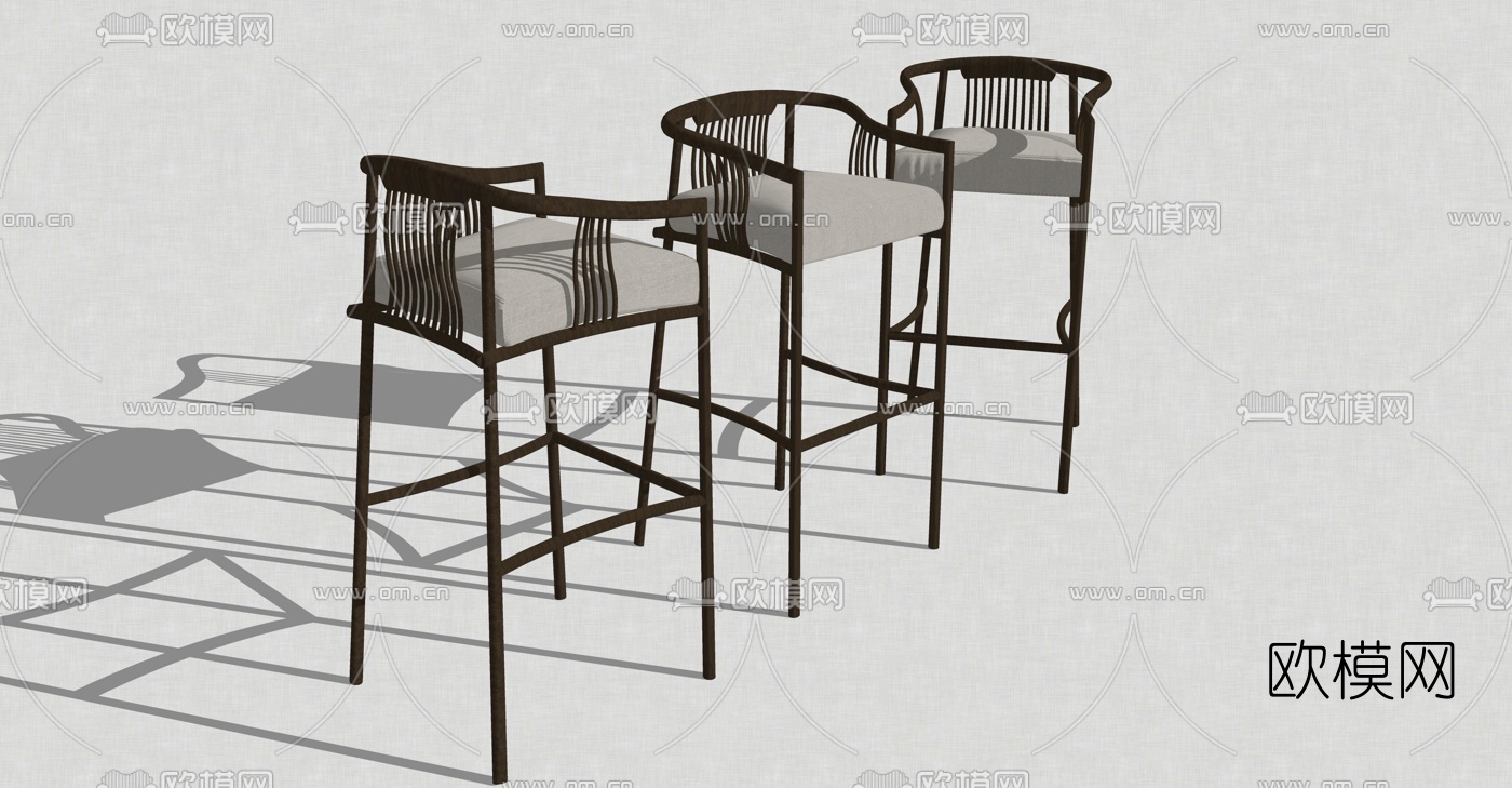 新中式实木吧台椅su模型下载（渲染图3）