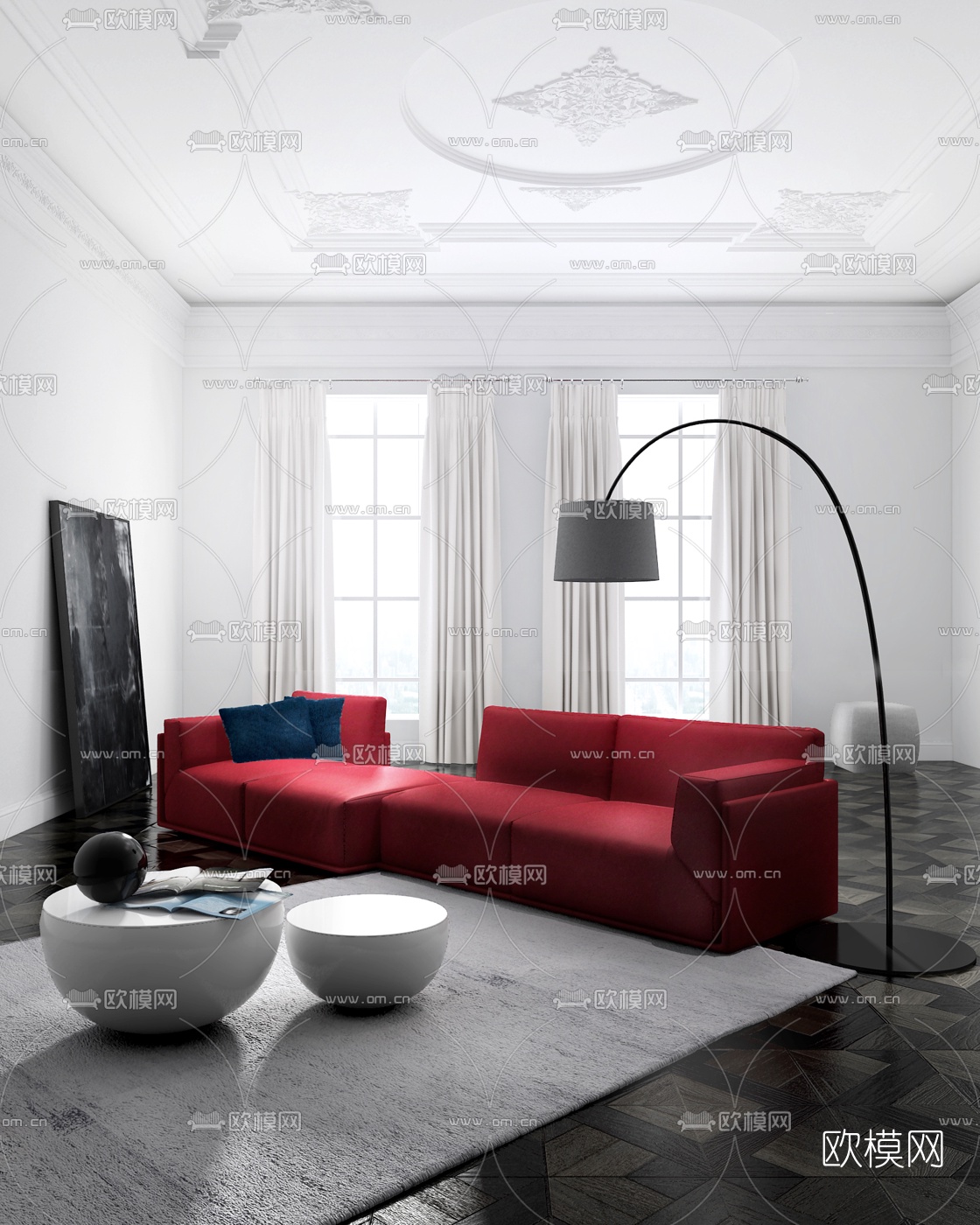 意大利Meridiani现代红色沙发茶几落地灯组合3D模型下载（渲染图1）
