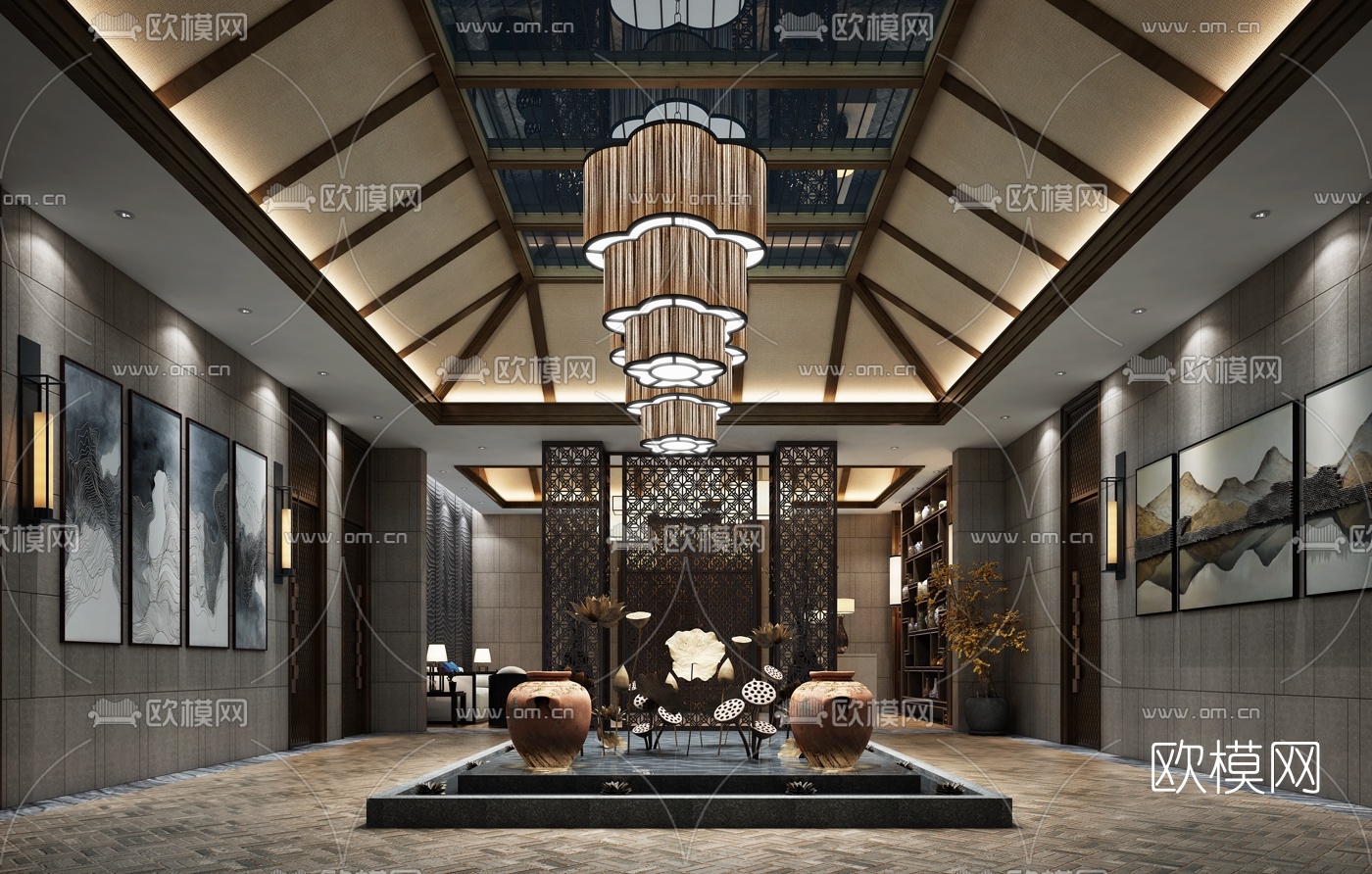 中式酒店大堂免费3d模型下载（渲染图1）