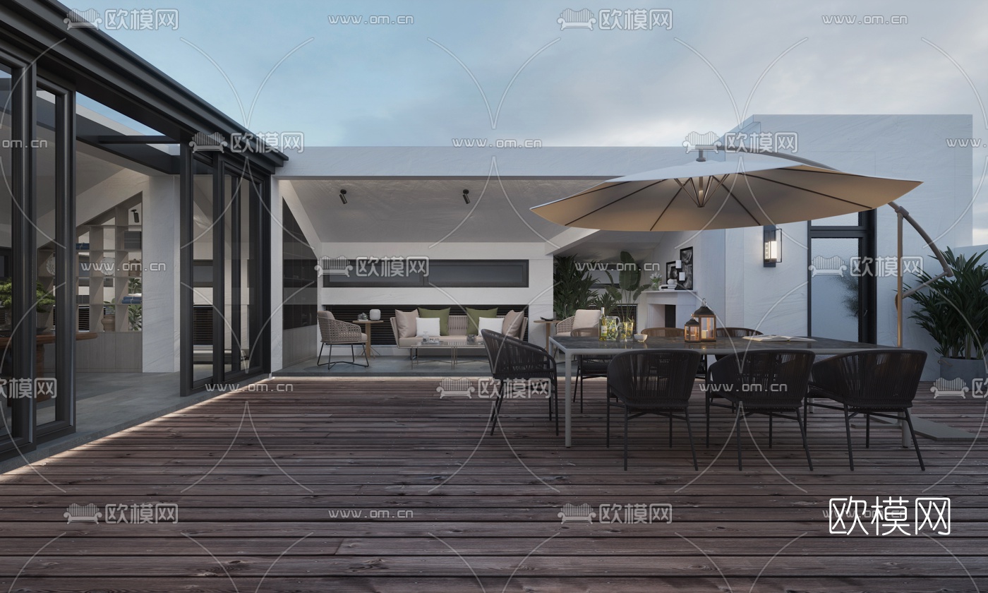 现代楼顶露台休闲区夜景3d模型下载（渲染图4）