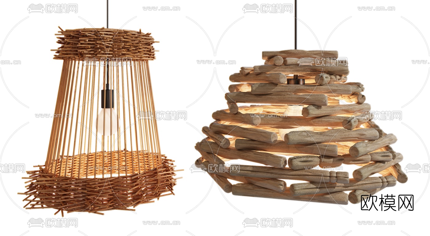 自然风藤编旧木吊灯3d模型下载
