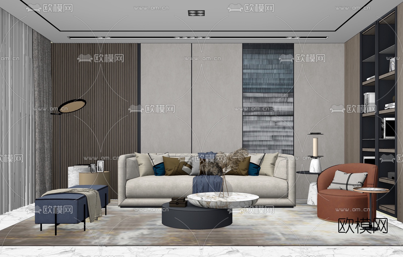 现代轻奢客厅su模型下载（渲染图2）