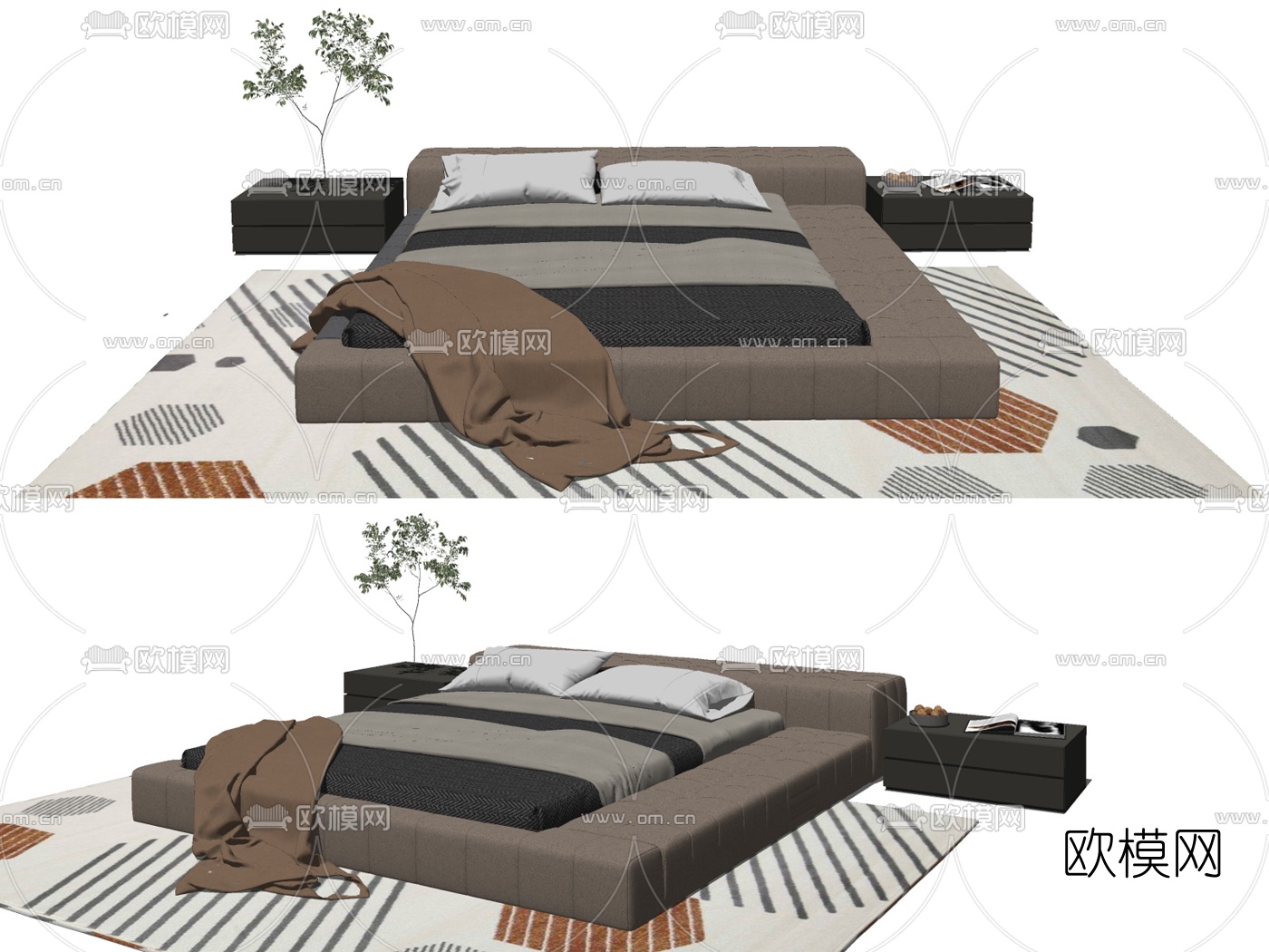 现代布艺双人床su模型下载（渲染图2）