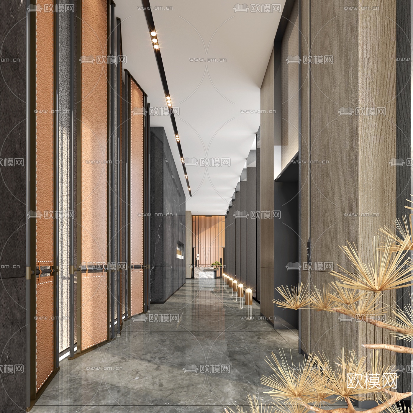 新中式酒店走廊电梯厅3d模型下载