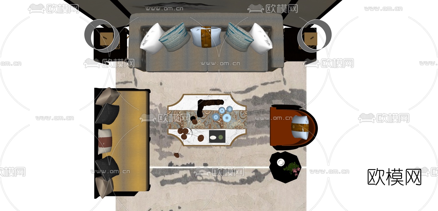 新中式布艺组合沙发su模型下载（渲染图3）