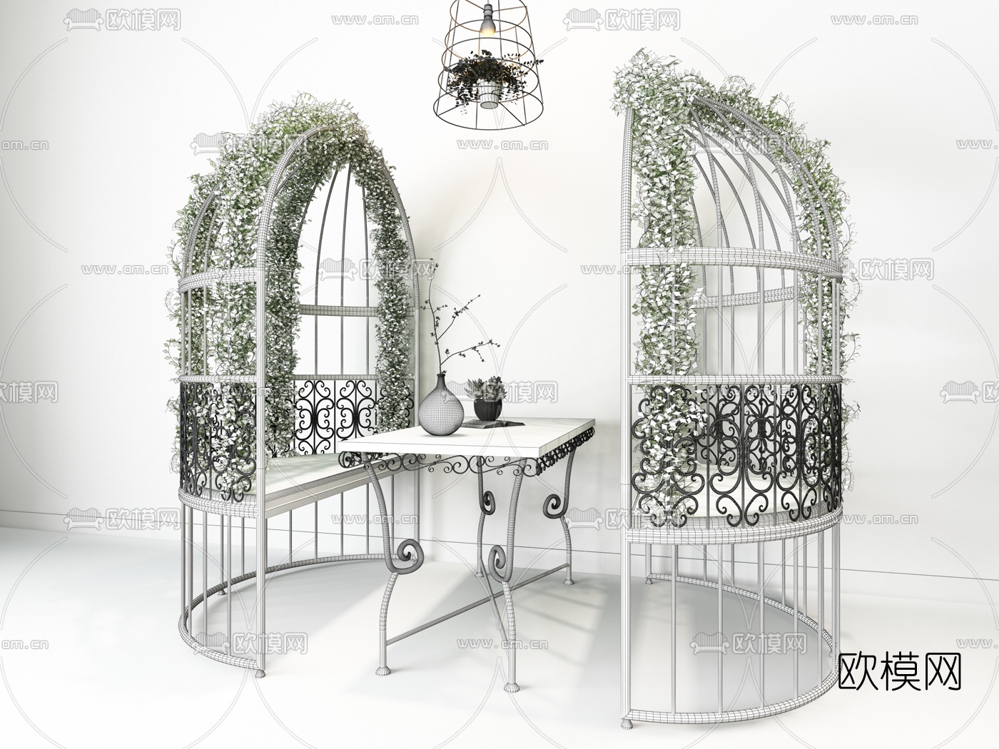 现代铁艺鸟笼休闲桌椅3d模型下载（渲染图2）