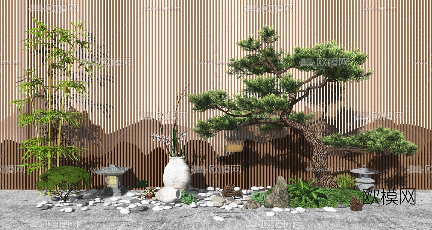 新中式庭院景观景观树盆栽景观小品su模型下载