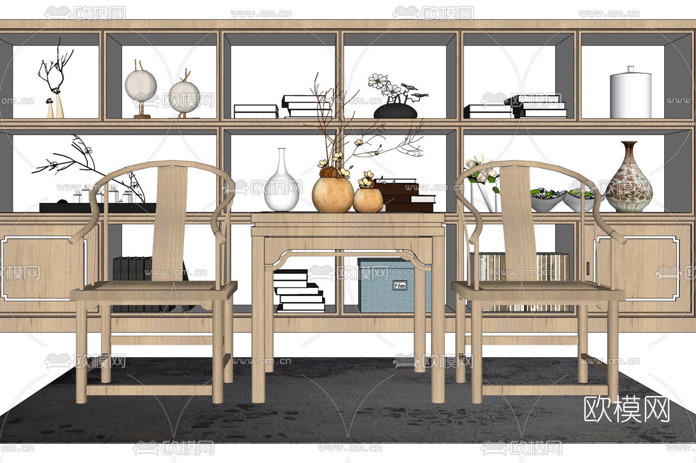 新中式实木单椅su模型下载