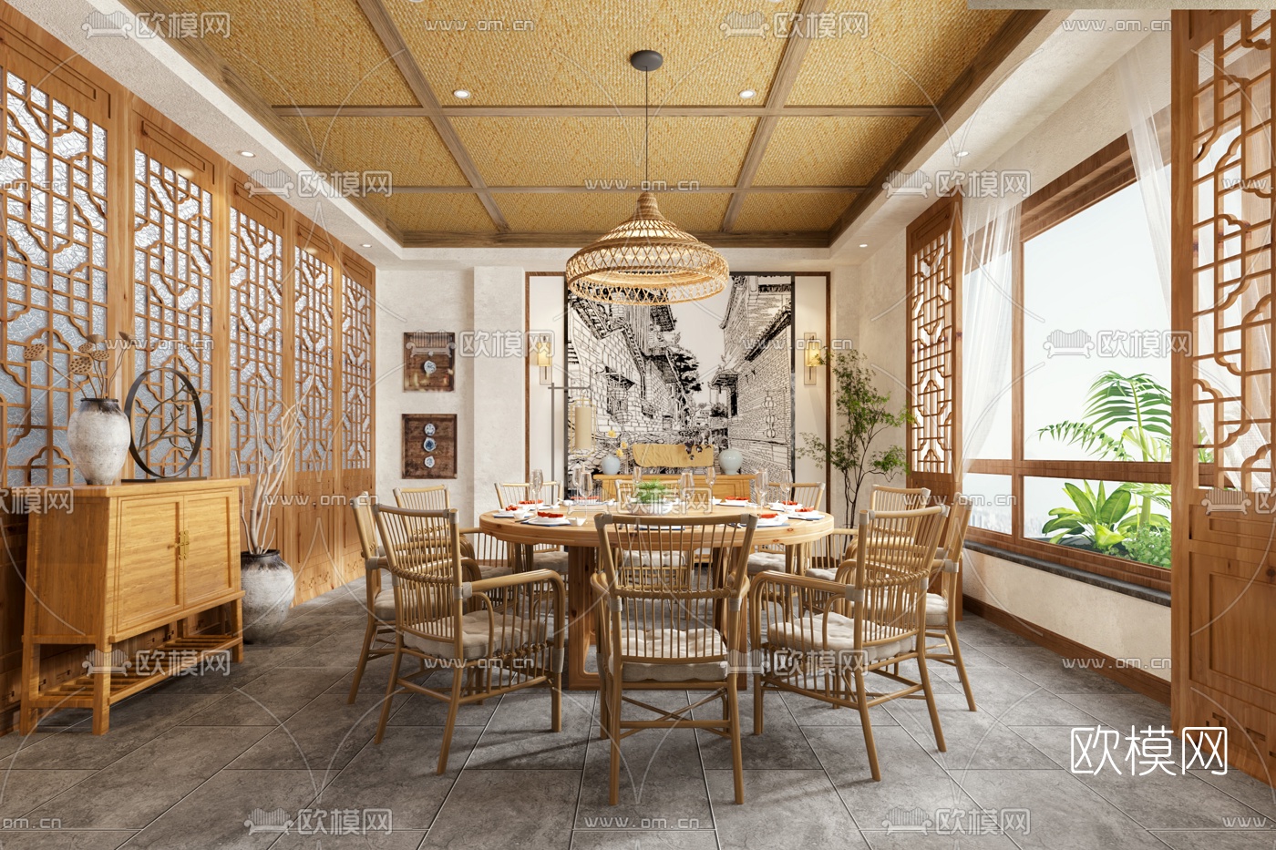 自然风餐厅包房3d模型下载（渲染图1）