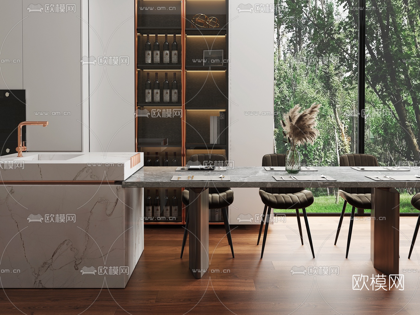 现代大理石餐桌椅中岛台3d模型下载