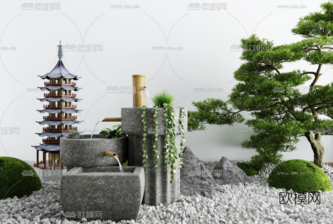 新中式宝塔流水景观小品3d模型下载
