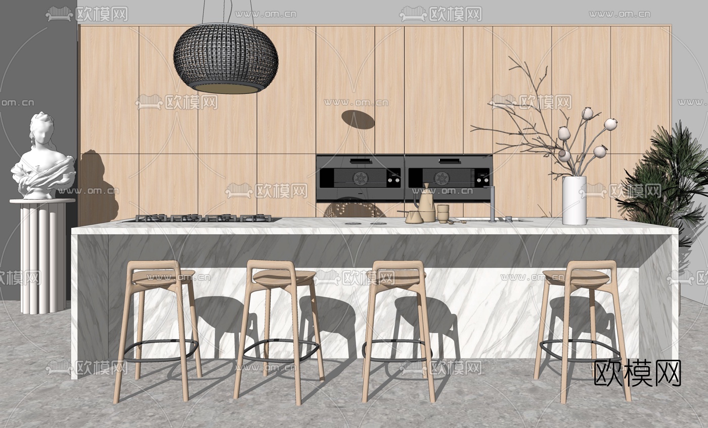 现代吧台吧台椅su模型下载（渲染图1）