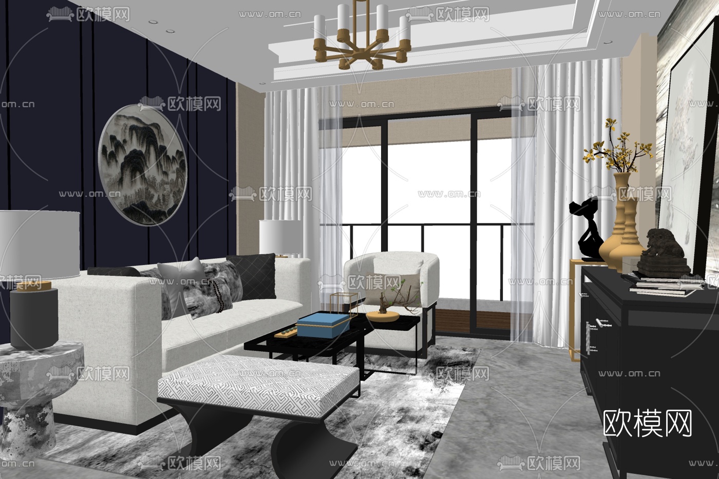 新中式客厅su模型下载