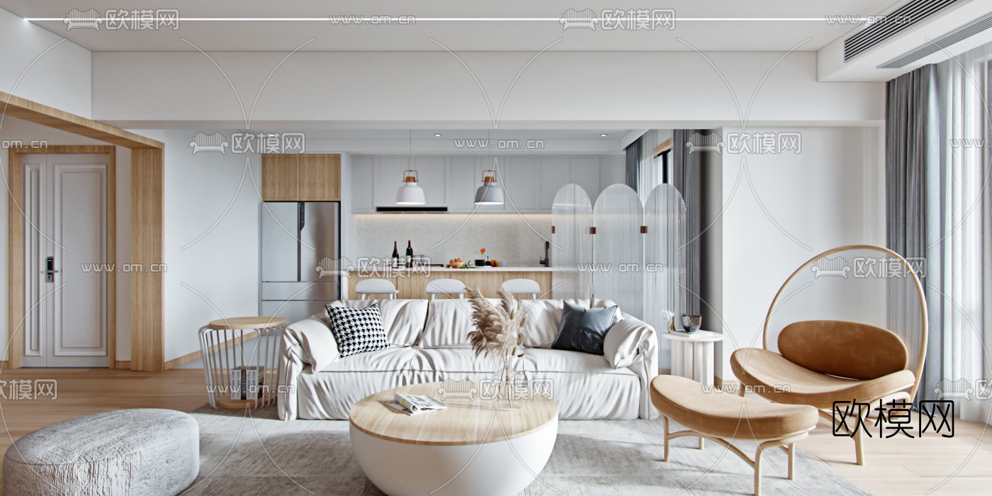 北欧客厅吧台厨房3d模型下载（渲染图1）