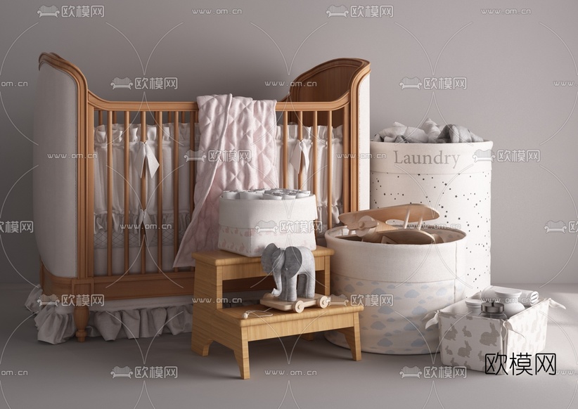 简欧原木婴儿床用具3d模型下载