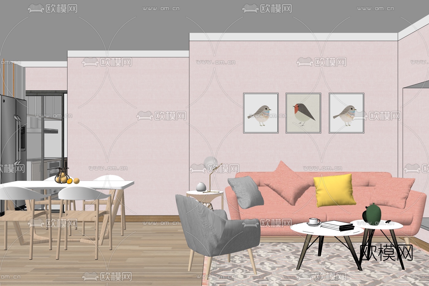 北欧简约客厅免费su模型下载