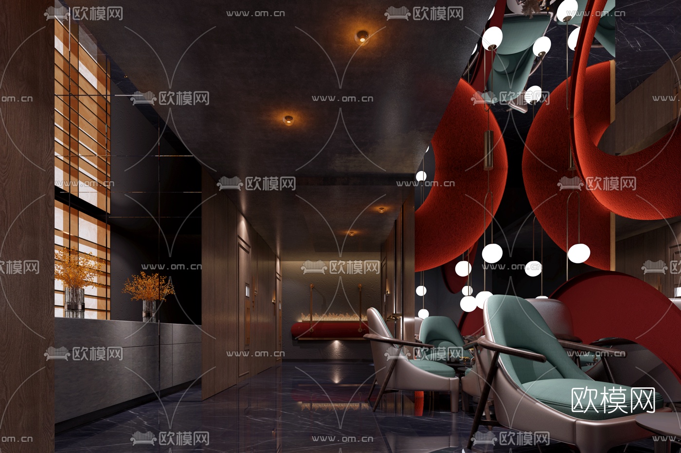 新中式足疗会所走廊过道3d模型