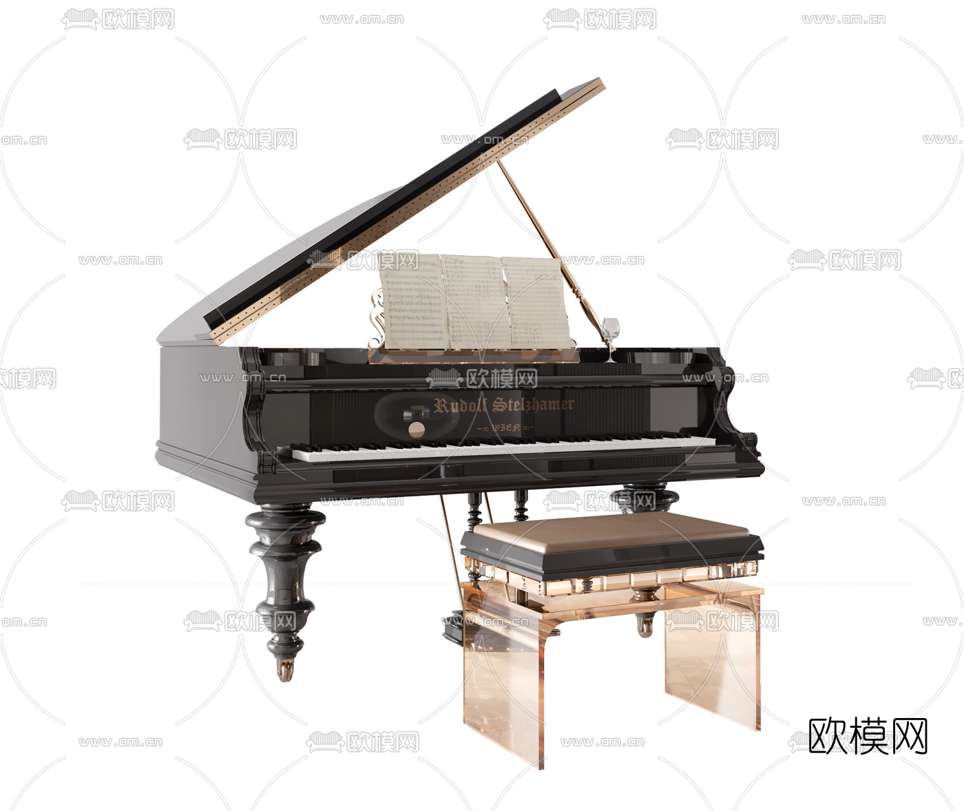 欧式轻奢钢琴3d模型下载（渲染图1）