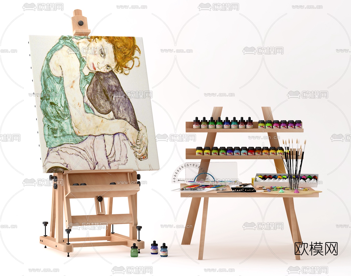 现代画板画笔颜料3d模型下载