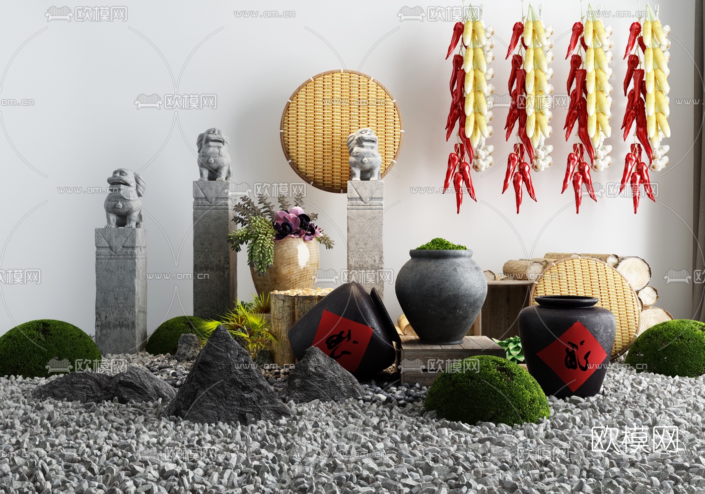 新中式农家乐景观小品3d模型下载