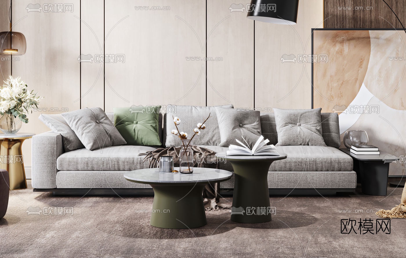 现代轻奢布艺沙发组合3d模型下载（渲染图4）