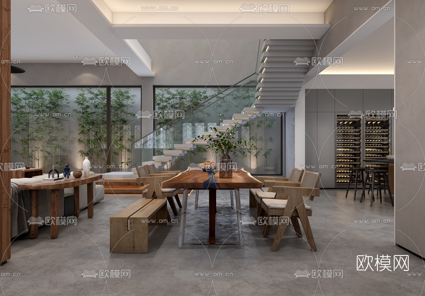 现代民宿客厅餐厅3d模型下载（渲染图1）