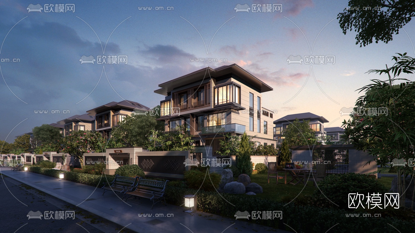 新中式别墅外观su模型下载（渲染图1）