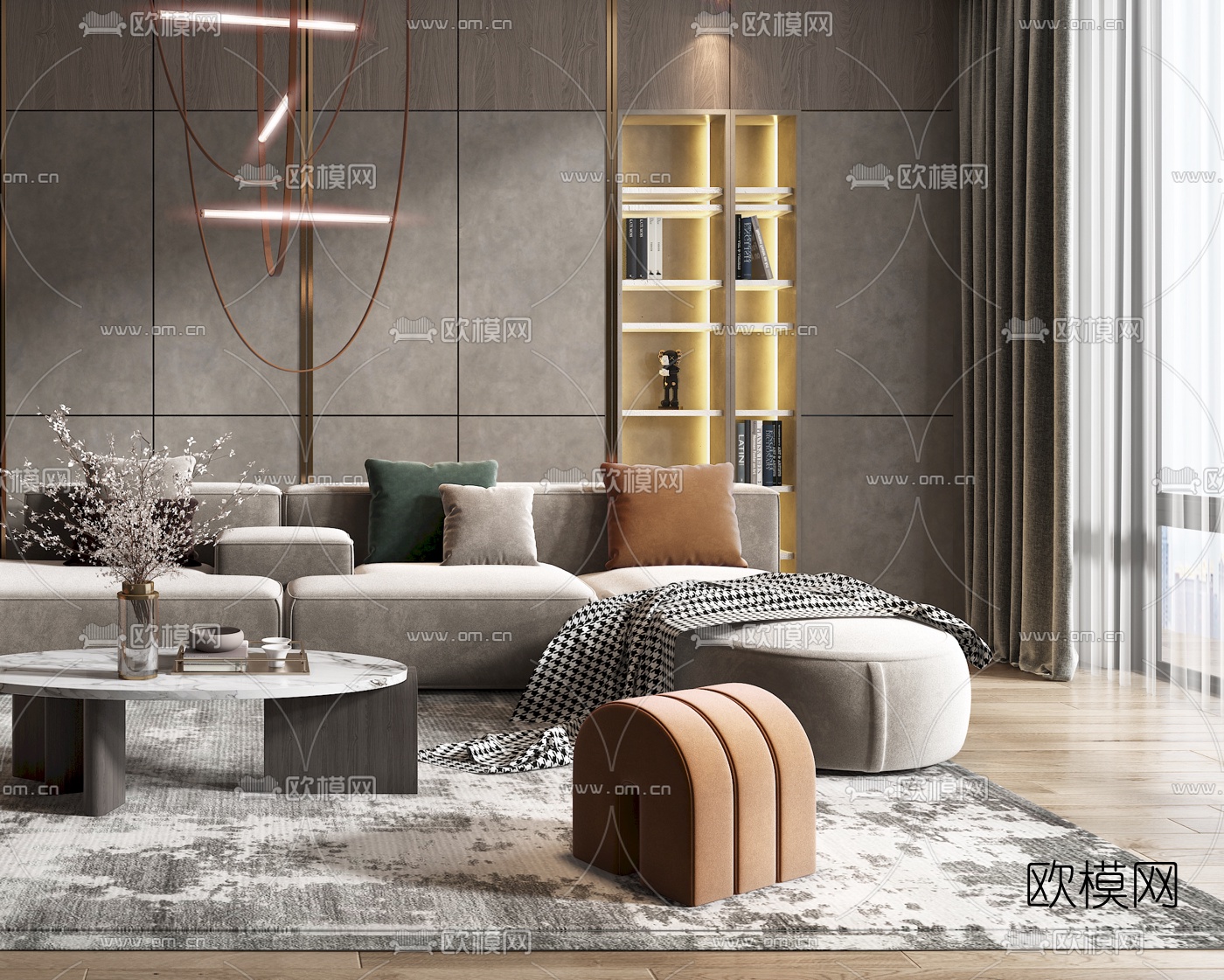 现代布艺转角沙发组合3d模型下载（渲染图4）