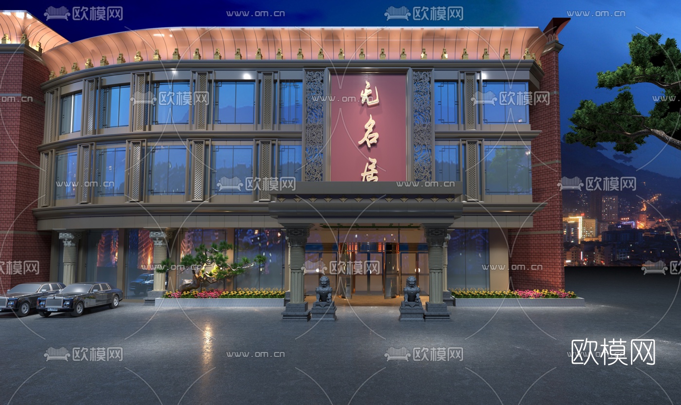 新中式餐厅门头夜景3d模型下载