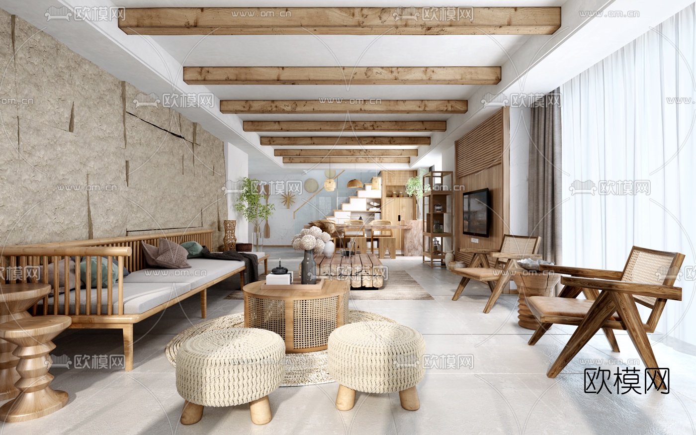 自然风民宿客厅餐厅3d模型