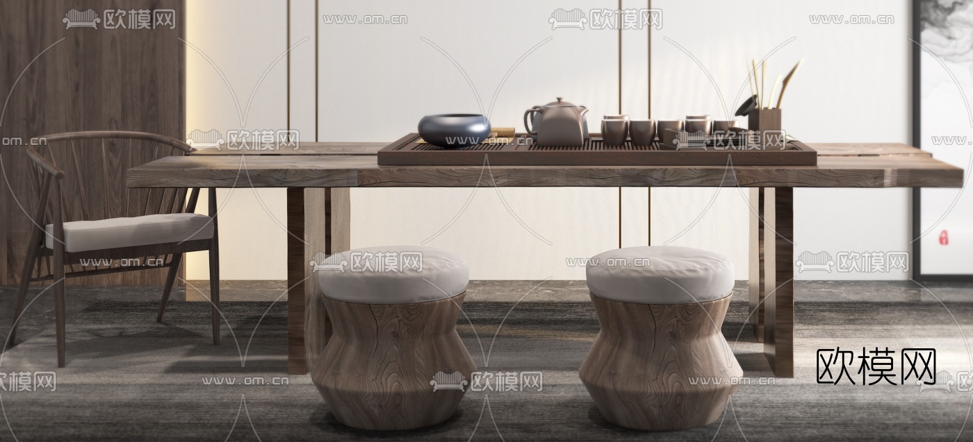 日式实木茶桌椅3d模型